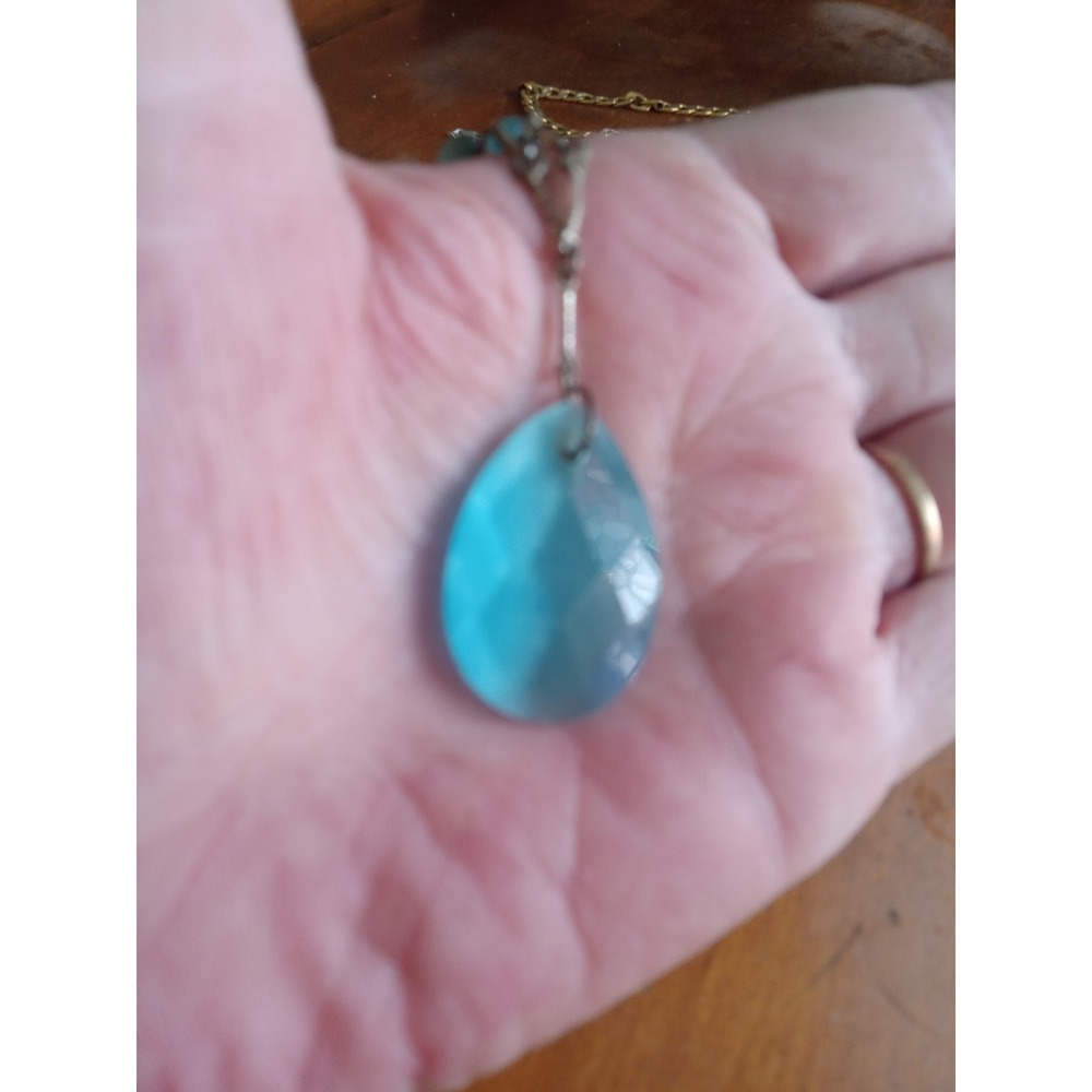 Vintage Aqua Blue Faceted Teardrop Pendant Necklace Silver Tone Beaded Chain - Picture 3 of 3
